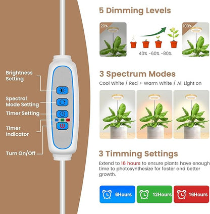 Kullinss Grow Light, 48 LEDs Full Spectrum Plant Lights for Indoor Growing with Detachable Base, 6/12/16H Timer, 3 Color Modes, Height Adjustable, Ideal Small Plant Grow Light for Succulents, Herbs