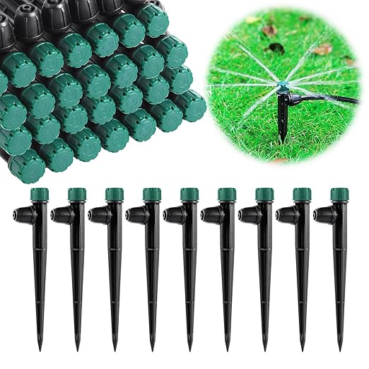 Anti-Drop Drip Irrigation Emitters for 1/4" Drip Tubing,5.5" Stake with Adjustable Automatic Irrigation Drippers for (4-7mm) Garden Watering System. (50pcs-360 Degree Drip)