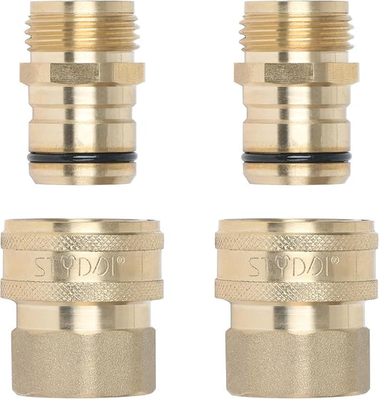 STYDDI 3/4-inch Full Flow Super Heavy Duty Hose Quick Connect Fittings, Lead-Free Brass Full Port Garden Hose Quick Connector Coupler, 3/4” GHT High-Volume Hose Quick Release Adapter Set, 2 Set