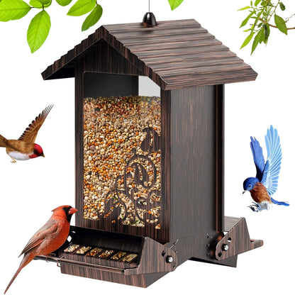 Squirrel Proof Bird Feeder for Outdoor Hanging,Metal Bird Seed Feeder with Bilateral Weight Activated Perches,5LB Large Capacity Wild Bird Feeders for Outside,Easy Refill and Clean,Brown