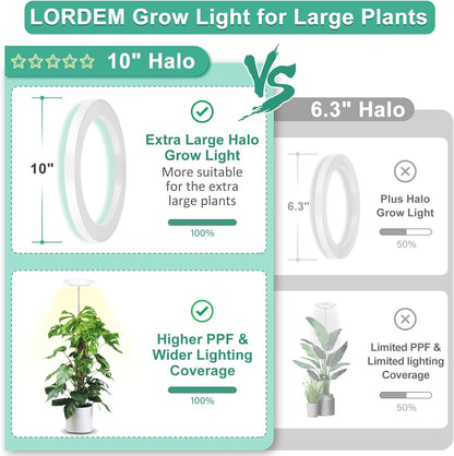 LORDEM 10" Grow Light for Indoor Plants, Full Spectrum Plant Lamp with160 LEDs, 4H/8H/12H Timer, 10 Dimmable Levels, 3 Spectrum Modes, Height Adjustable 65", Ideal for Large Tall Plants, Pack of 2