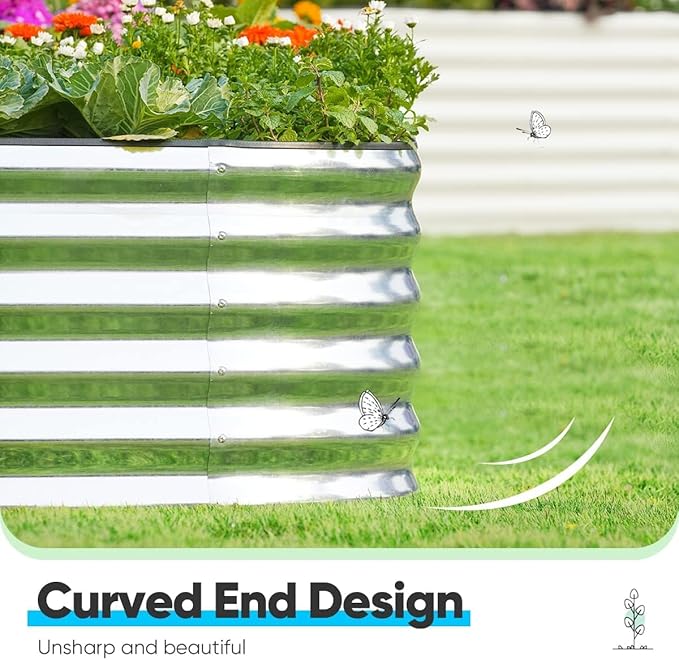 Quictent Raised Garden Bed Kit Oval Galvanized Metal Planter Box Tall for Vegetables Outdoor Backyard, Rubber Strip Edging Included, Silver 8x4x1.5 ft