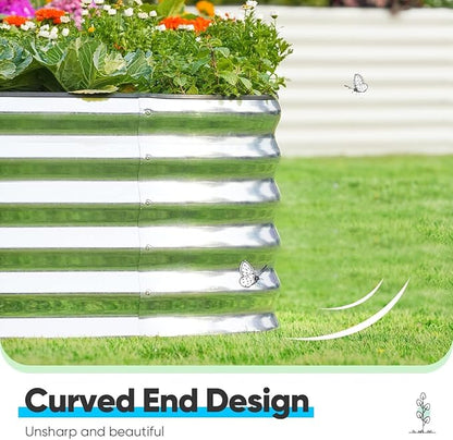 Quictent Raised Garden Bed Kit Oval Galvanized Metal Planter Box Tall for Vegetables Outdoor Backyard, Rubber Strip Edging Included, Silver 8x4x1.5 ft