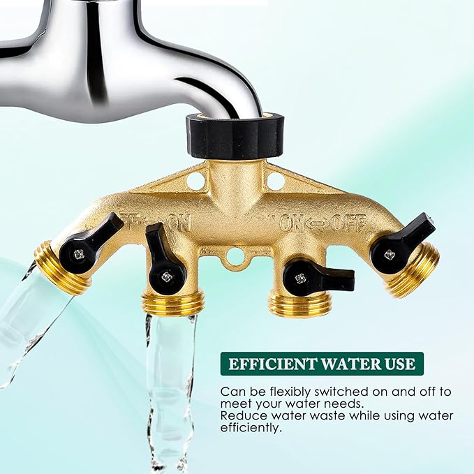 Dalmbox Garden Hose Splitter 4 Way, Water Hose Splitter, 3/4" Heavy-Duty Brass Garden Hose Splitter, Includes 5 Rubber Washers & Teflon Tape(1 pack)