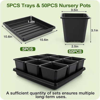 50Pcs 3.5inch Square Nursery Pots with 5Pcs Seed Starting Trays, Seed Starter Tray Kit, Seeds Starting Germination, Seeding Pots with Drain Holes, Small Plant Nursery Propagation