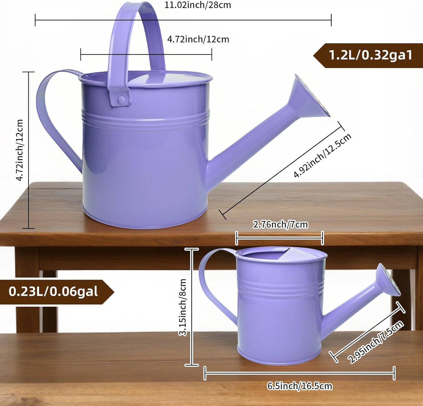 Small Metal Watering Can Set, Pink, 1.2L and 0.23L Garden Cans with Long Spout, Indoor Outdoor Plant Care (Purple)