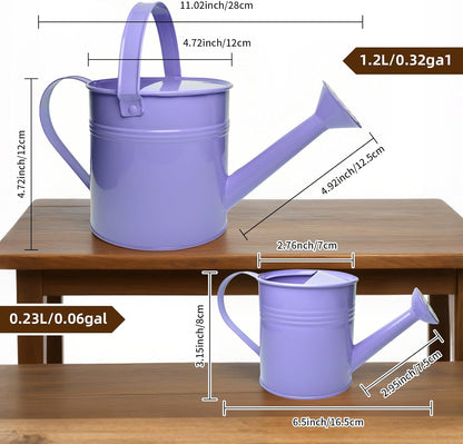 Small Metal Watering Can Set, Pink, 1.2L and 0.23L Garden Cans with Long Spout, Indoor Outdoor Plant Care (Purple)