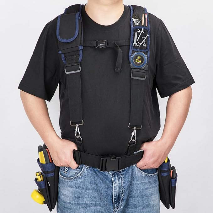 Tool Belt With Suspenders, 24 Pockets Tool Bag with Magnetic Wristband, Detachable Tool Pouch Bag, Adjustable Waists for Men Electrician Carpenter Construction(Blue)