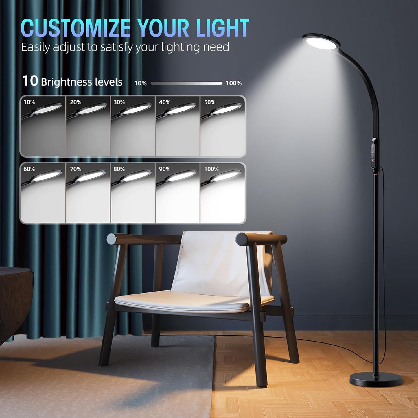 Happy Light Therapy lamp 11000 Lux, LED UV-Free Sunlight lamp,Full Spectrum Happy Therapy lamp with 10 Adjustable Brightness Levels, 2 in 1 Retractable Floor Sad Lamp (Black)