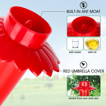 Plastic Hummingbird Feeders for Outdoors Hanging, 10 OZ Red Humming Bird Feeder with 6 Feeding Ports and Perch, Built-in Ant Moat, Gifts for Women Garden Decor, 1 Pack