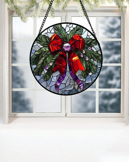 Stained Glass Window Hanging - Purple Gem Christmas Wreath Suncatcher for Doors Home Christmas Decoration Winter Sun Catcher Thanksgiving New Year Birthday Gifts for Women Men Mom Nana 9.8 in