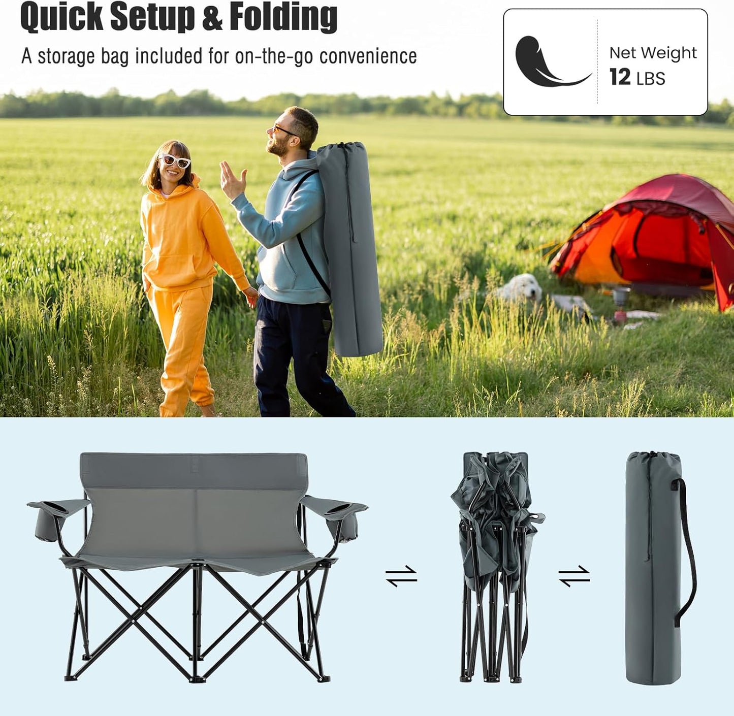 Goplus Double Camping Chair, Oversized Heavy Duty Camping Loveseat for Adults, Portable Folding 2 Person Camping Chair with Cup Holder for Outdoor Lawn Beach Backyard