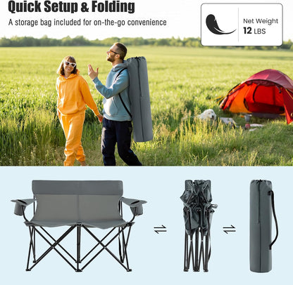 Goplus Double Camping Chair, Oversized Heavy Duty Camping Loveseat for Adults, Portable Folding 2 Person Camping Chair with Cup Holder for Outdoor Lawn Beach Backyard