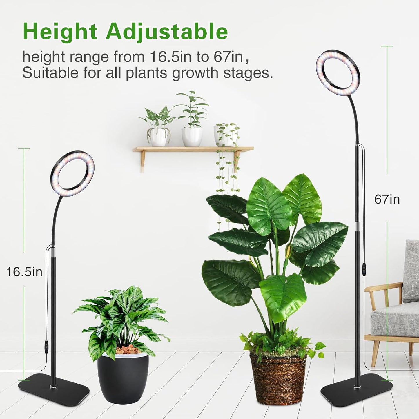 Full Spectrum Grow Light with Stand for Indoor Plants, Floor Plant Light, 3/9/12H Timer, 3 Color Modes, Adjustable Height 16.5–67in, for Large Plants & Home Décor(1 Head)