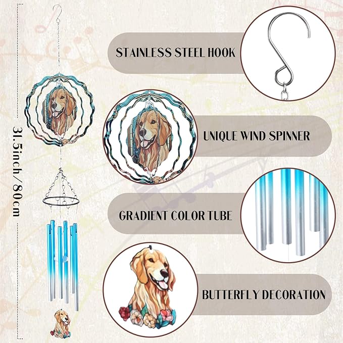 Dog Metal Wind Chimes - Windchimes Spinners Outdoors Decor Dogs Mom Gifts for Women Outside Indoor Hanging Decoration for Garden Patio Yard Porch Balcony Christmas New Year Birthday Gift