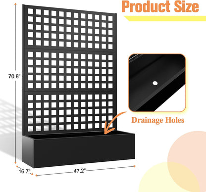 Metal Planter Box with Trellis & Wheels, Raised Garden Bed with Privacy Screen, Outdoor Standing Flower Beds with Drainage Hole for Climbing Plants, Vine, 47" Lx16 Wx71 H