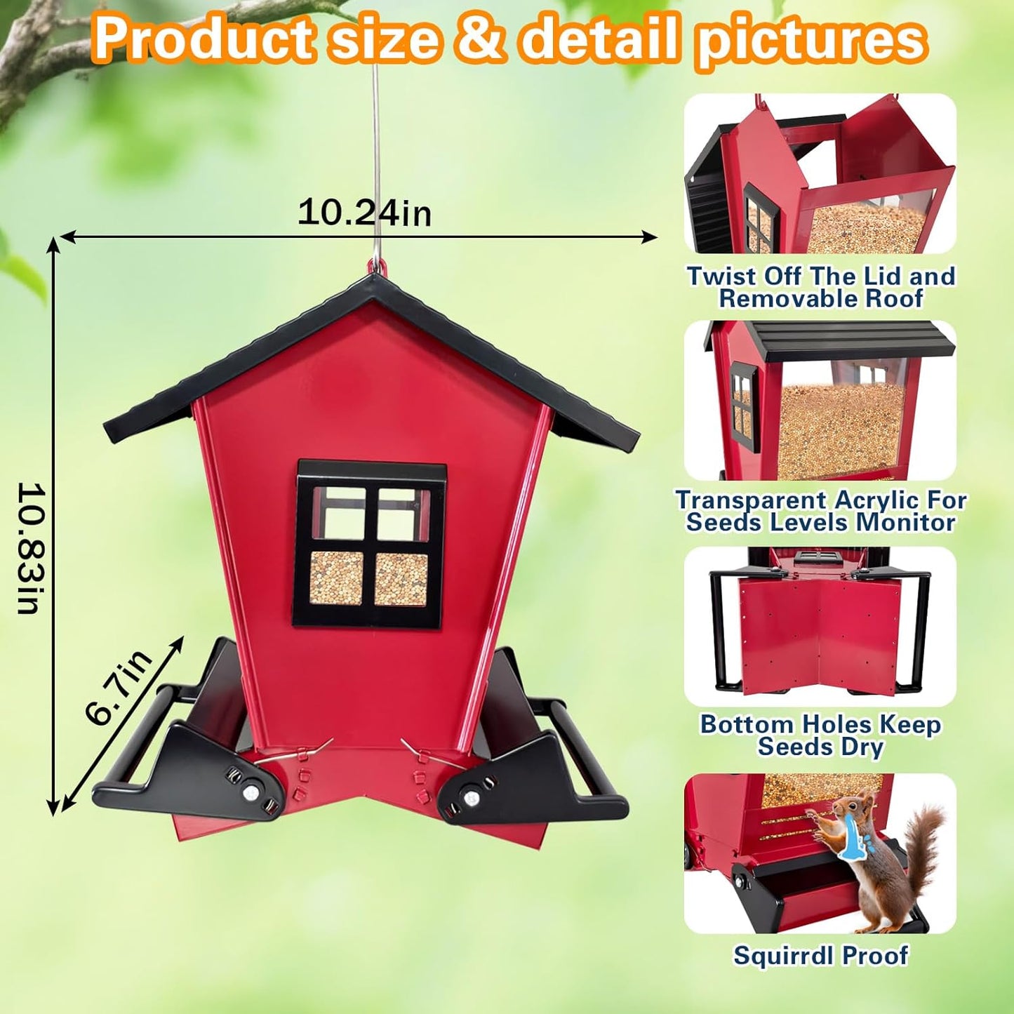 Squirrel Proof Bird Feeders for Outdoors Hanging, 5LB Capacity Metal Wild Birdfeeders Outside Hanging, Cardinal Bird Feeder Squirrel Proof as Various Finch Feeders for Outside(red)