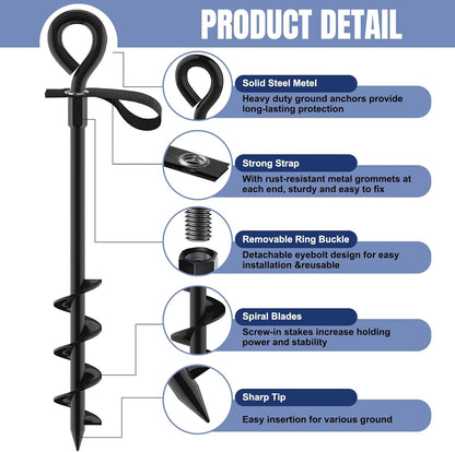 Eurmax USA Trampoline Stakes Screw in Tent Stakes Parts Heavy Duty for Canopies,4-Pack Outdoor Anchor Kit with Straps(Black)