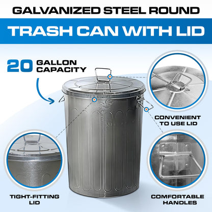 Plexon 20 Gallon Metal Trash Can with Lid Outdoor Galvanized Steel Large Garbage Can, 3 Pack