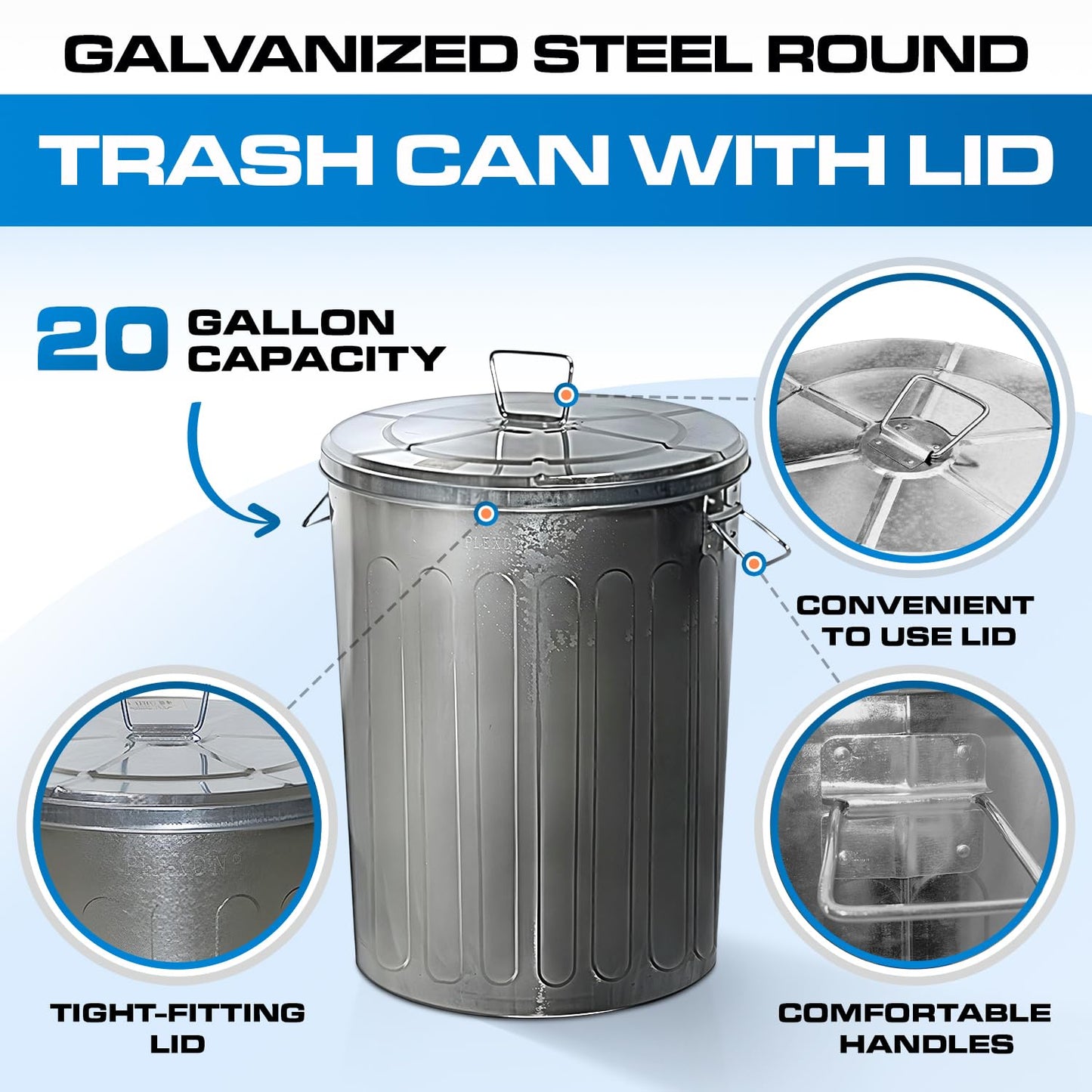 Plexon 20 Gallon Metal Trash Can with Lid Outdoor Galvanized Steel Large Garbage Can, 6 Pack