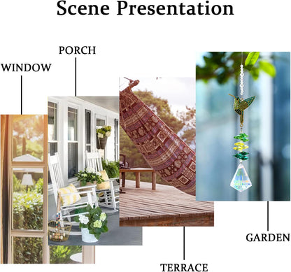 Rhinestones Hummingbird with Crystal Sun Catcher, Glass Window Hanging Ornament,Crystal Prism Suncatcher Outdoor Indoor Home Garden Party Decoration