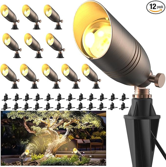 ZONEGRACE Low Voltage Brass Landscape Lights, Heavy-Duty Waterproof 12 Volt Landscape Lighting Bronze with Connectors, Copper Led Uplights & Spotlights, MR16 Bulb Not Included (Classic, 12 Pack)