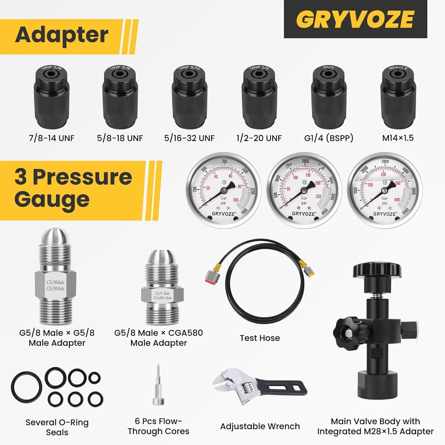 Hydraulic Nitrogen Accumulator Charging Kit, Nitrogen Fill Kit, Pressure Test System, Gas Charge Tools with 7 Adapters, 3 Gauges, 1 Gas Hose and G5/8 Male to CGA580 Male Adapter
