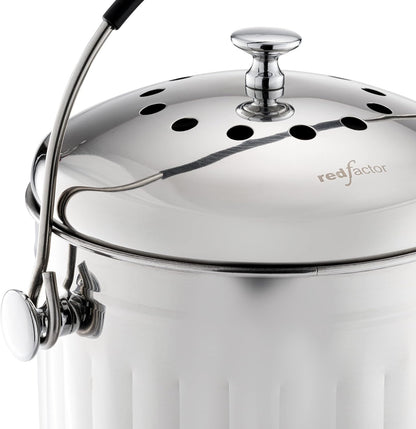 RED FACTOR Premium Compost Bin for Kitchen Countertop - Stainless Steel Food Waste Bucket with Innovative Dual Filter Technology - Includes Spare Filters (Brilliant Steel, 1.3 Gallon)