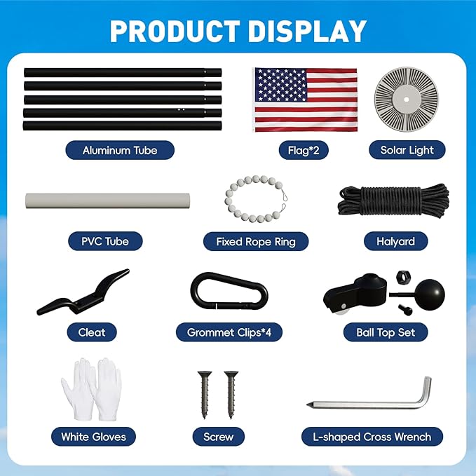 16FT Flag Pole with Solar Light Thick Aluminum Heavy Duty Flag Pole Kit 100MPH Wind Tested, Includes 2PCS 3x5 US Flag for Outdoor Use