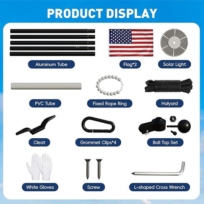 16FT Flag Pole with Solar Light Thick Aluminum Heavy Duty Flag Pole Kit 100MPH Wind Tested, Includes 2PCS 3x5 US Flag for Outdoor Use