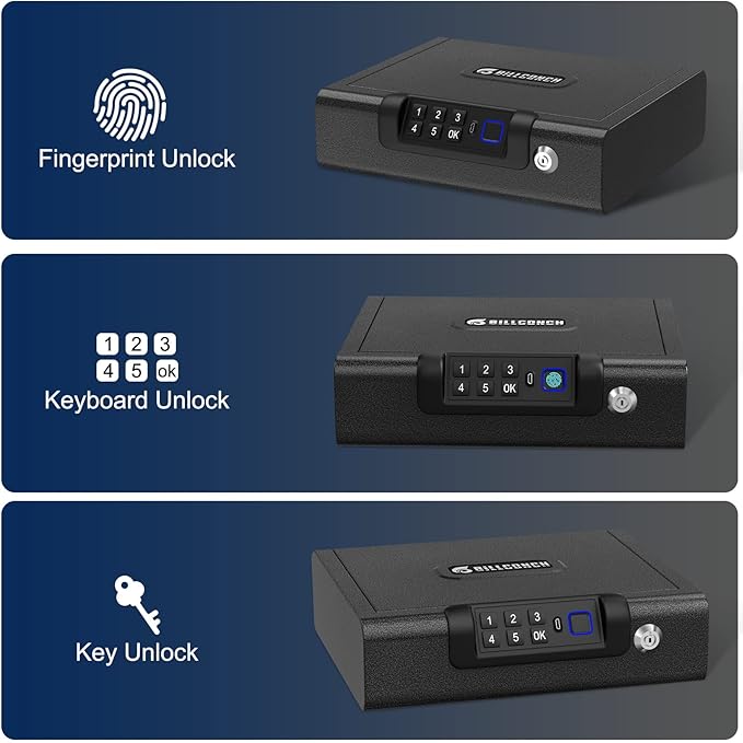 Biometric Gun Safe for Pistols 3-Ways unlock Fingerprint Digital PIN Key Unlock Handgun Safe with Sound, Lock box for Cloakroom living room Bedroom Nightstand and Car BILLCONCH