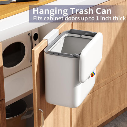 Kitchen Compost Bin with Lid - Hanging Small Trash Can for Countertop or Under Sink, 2.6 Gallon Wall Mounted Garbage Can for Cabinet Door, Indoor Food Waste Bin for Bathroom, RV, Office, White
