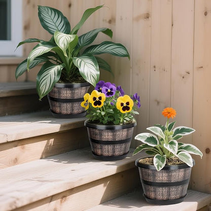 Uneed 10 Inch Whiskey Barrel Planter Pots, 4 Pack Plastic Flower Pots with Drainage Holes & Saucers, Retro Outdoor Pots for Plants, Patio, Lawn Decor (Brown)