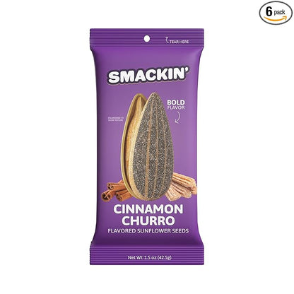 SMACKIN' Sunflower Seeds, Roasted Jumbo Small-Batch, American Made - Cinnamon Churro. 1.5oz bags (6 Pack)
