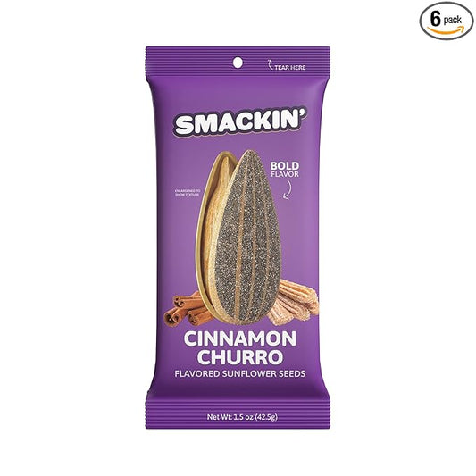 SMACKIN' Sunflower Seeds, Roasted Jumbo Small-Batch, American Made - Cinnamon Churro. 1.5oz bags (6 Pack)