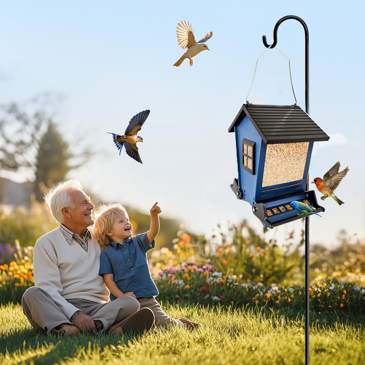 LSCQYYCC-Bird Feeder Squirrel Proof Metal Hanging for Outdoor Wild Bird Seed, with Bilateral Weight-Activated Perches, Large Feeder That Attracts Cardinals, Chickadees, and More Birds-One in Blue