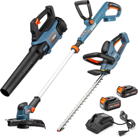 SENIX X2 20 Volt Max* 3-Piece Cordless Power Tool Combo Kit with Battery Powered 10" String Trimmer, Variable Speed Leaf Blower, 18" Hedge Trimmer, Includes 2 Batteries & Battery Charger (S2K3B2-01)
