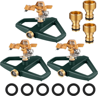 3 Sets Sprinklers for Yard Pulsating Impact Sprinkler with Metal Base Heavy Duty Adjustable Hose for Lawn Large Area Garden(Green)