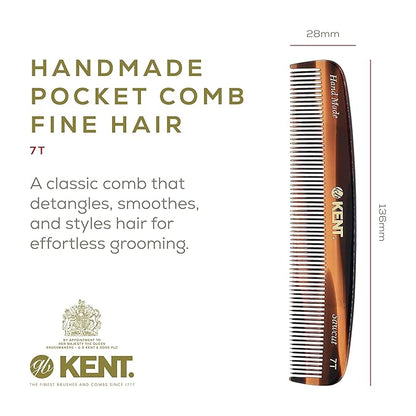 Kent 7T Handmade All Fine Tooth Pocket Comb for Men, Hair Comb Straightener for Everyday Grooming Styling Hair, Mustache and Beard, Use Dry or with Balms, Saw Cut and Hand Polished, Made in England