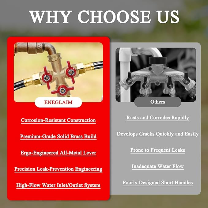 Hose Splitter 3 Way Heavy Duty Brass Valve Garden Hose Splitter with Stainless Steel Long Handle Water Hose Trap Adapter 3/4" GHT Thread