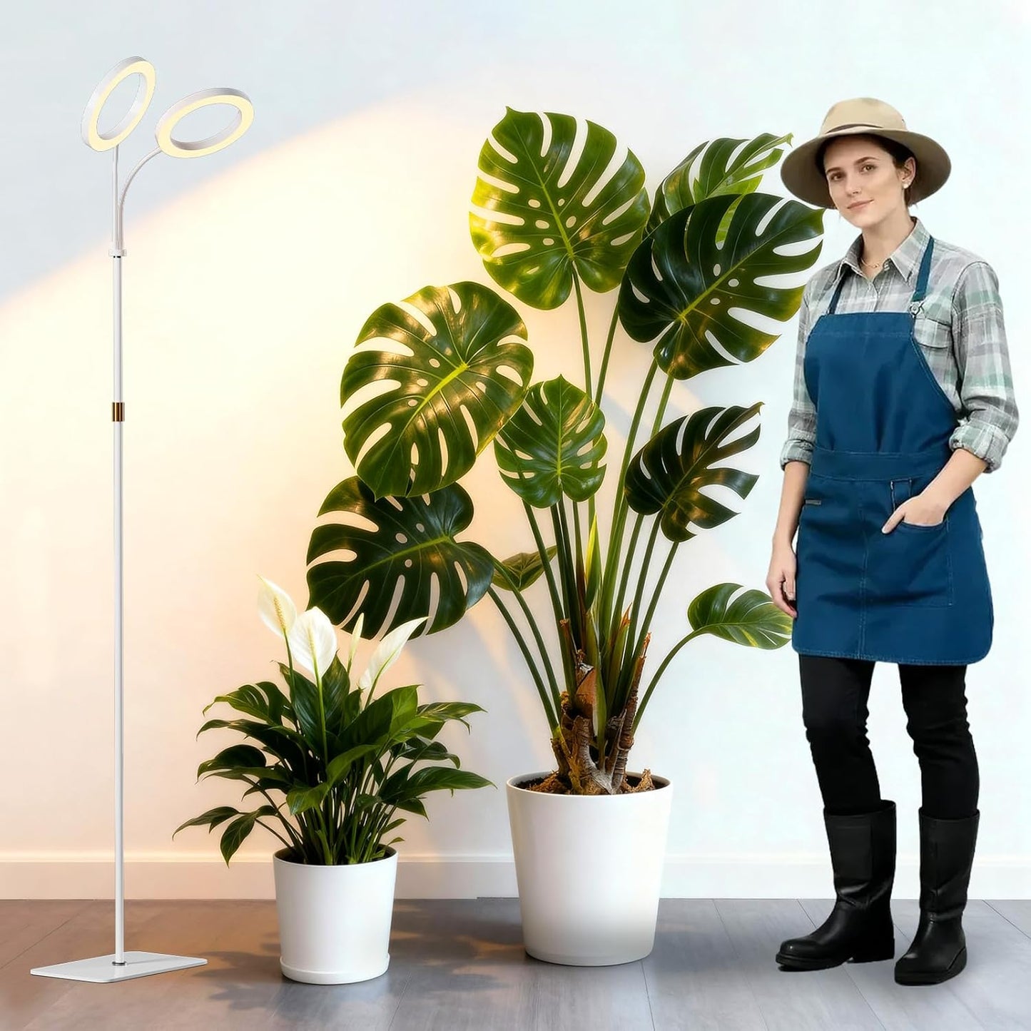 Full Spectrum Grow Light with Stand for Indoor Plants, Floor Plant Light, 6/12/18H Timer, 3 Color Modes, Adjustable Height 16.5–67in, for Large Plants & Home Décor(2 Heads White)