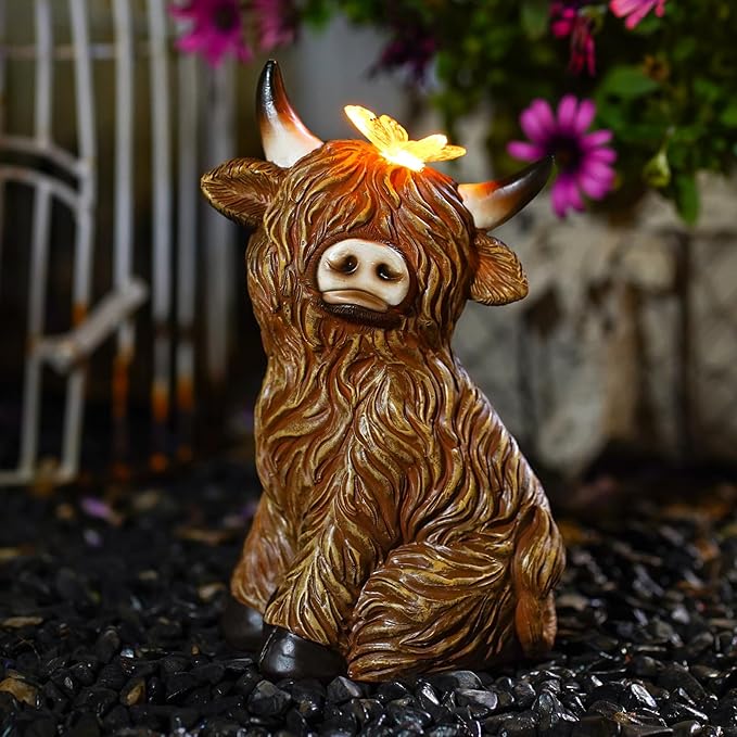 Solar Garden Statue Highland Cow Figurine – Outdoor Decoration with Butterfly for Garden Yard Lawn Home Decor Outside : Unique Gifts for Mom Grandma