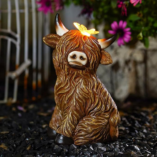 Solar Garden Statue Highland Cow Figurine – Outdoor Decoration with Butterfly for Garden Yard Lawn Home Decor Outside : Unique Gifts for Mom Grandma
