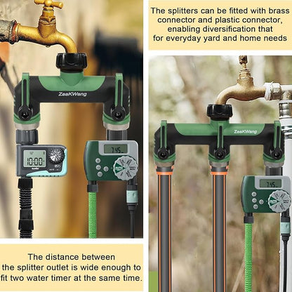 Full Flow Heavy Duty 3 Way Hose Splitter, Rugged Garden Faucet Adapter, Spout Diverter T - Way Adapter with Extended Handle, 3/4” GHT Thread, Green