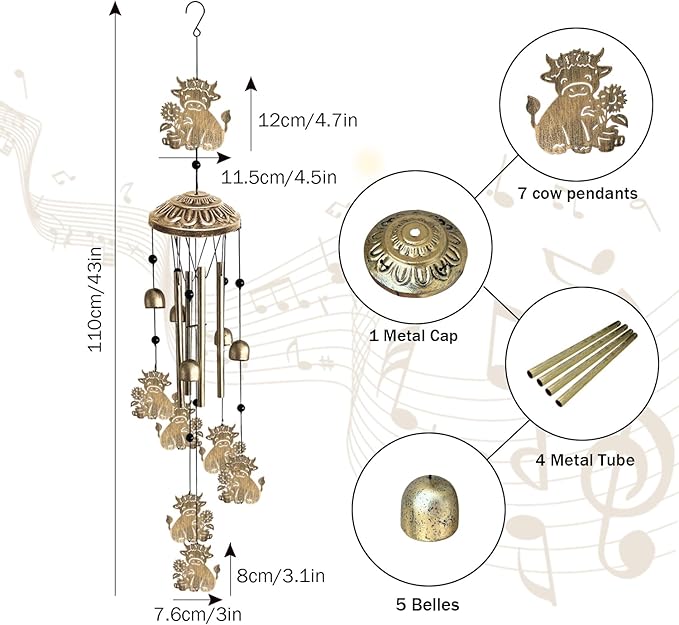 Wind Chimes for Outside, Metal Wind Chimes House Outdoor Decor for Garden Backyard Front Porch Patio, Mom Women/Men Birthday House Warming Gifts, Highland Cow Windchimes