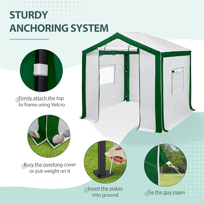EAGLE PEAK 8x8 Portable Walk in Greenhouse with Polyester Reinforced Corners, Heavy Duty Instant Pop Up Indoor Outdoor Green House, Front Roll Up Zipper Entry Door and Mesh Windows, Green/White