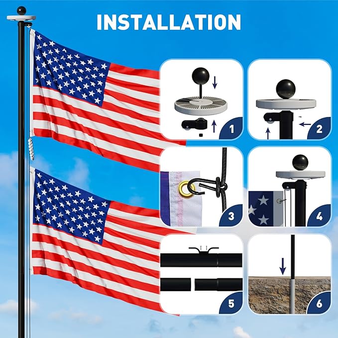 16FT Flag Pole with Solar Light Thick Aluminum Heavy Duty Flag Pole Kit 100MPH Wind Tested, Includes 2PCS 3x5 US Flag for Outdoor Use