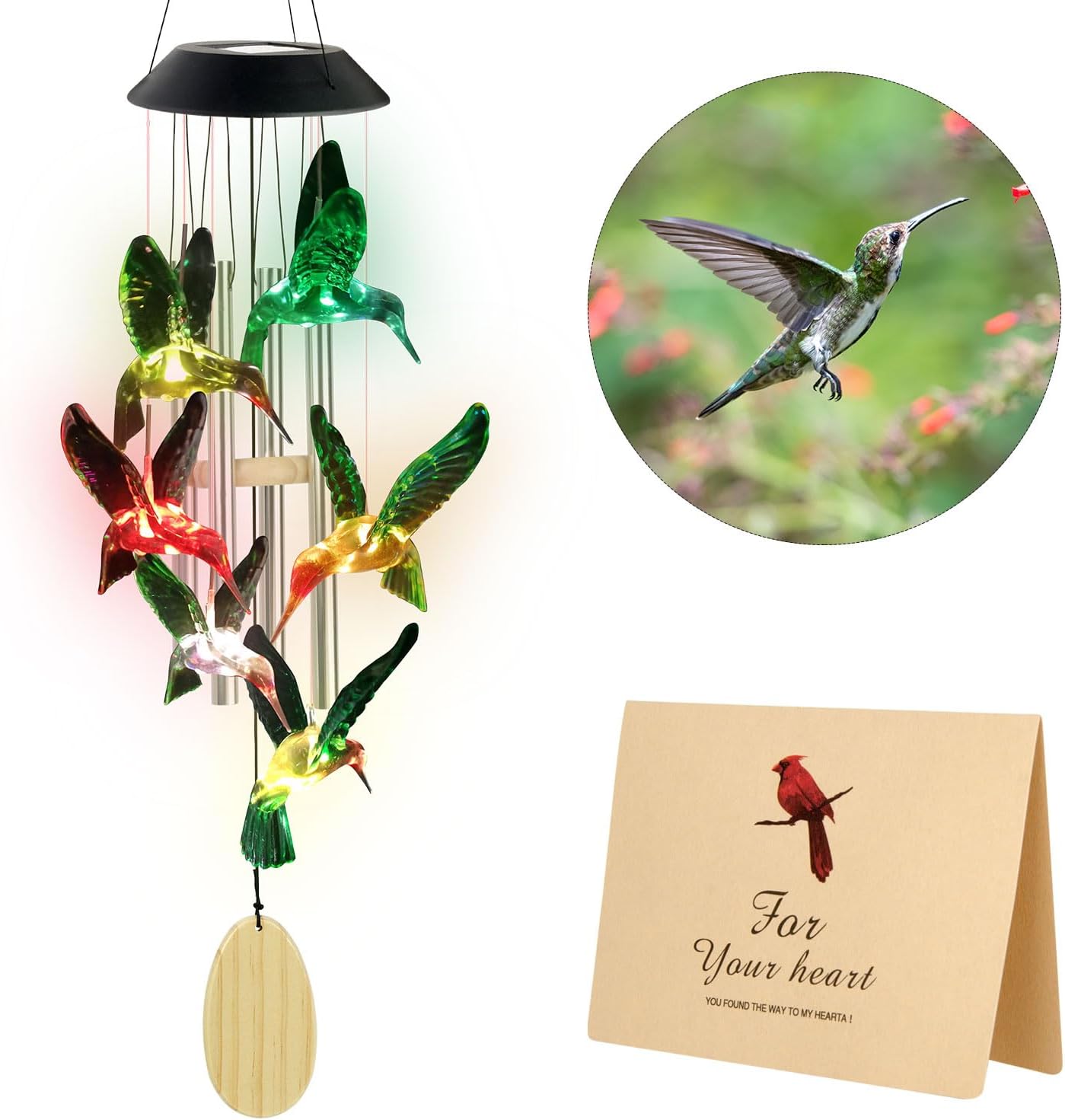 Solar Wind Chime, Solar Hummingbird Wind Chimes Outdoor/Indoor(Gifts for Mom/Grandma/Sister/Friend) Outdoor Decor,Yard Decorations Mom's Wind Chimes,