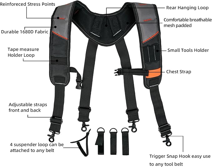 KUNN Tool Belt Suspenders Padded Carpenter Construction Electrician Work Suspender with Attachment Loops for Men,Grey