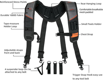 KUNN Tool Belt Suspenders Padded Carpenter Construction Electrician Work Suspender with Attachment Loops for Men,Grey